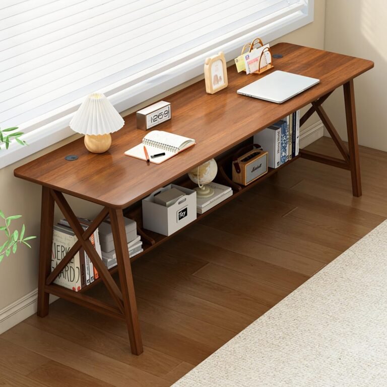 Extra Long Desk with Bookshelf – Solid Wood Home Office Work Study Table, 2-Person Writing Computer Workstation with Storage Shelf in Walnut, 71″ Wx20 Dx30 H
