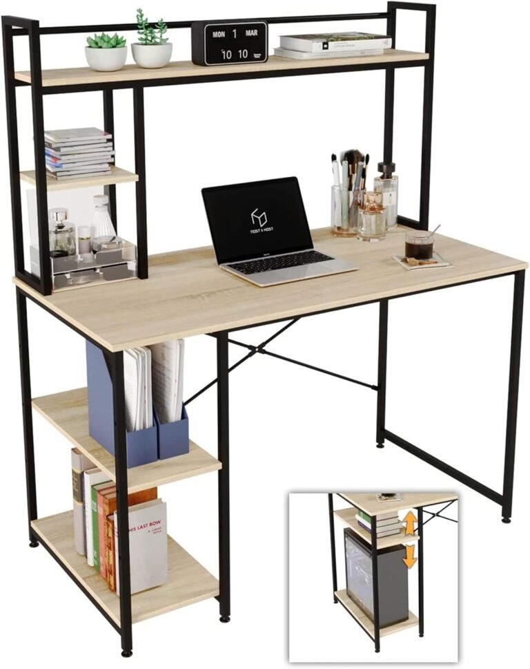 Nost & Host 47 Inch Modern Industrial Table Home Office Wood Desktop Mount Computer Study Desk with 2 Tier Adjustable Book Shelves, Oak