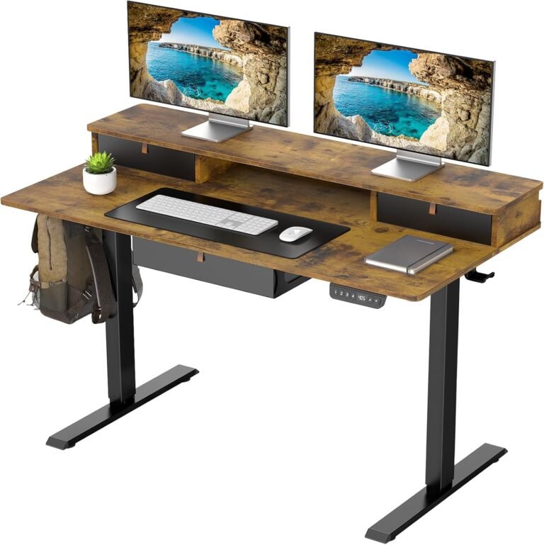 Veken Standing Desk with Under-Desk Drawer and Raised Storage Shelf,Electric Height Adjustable Sit Stand Table,Ergonomic Office Computer Desks for Workstation,Home,Study,Writing,Gaming,47.2 Inch,Brown