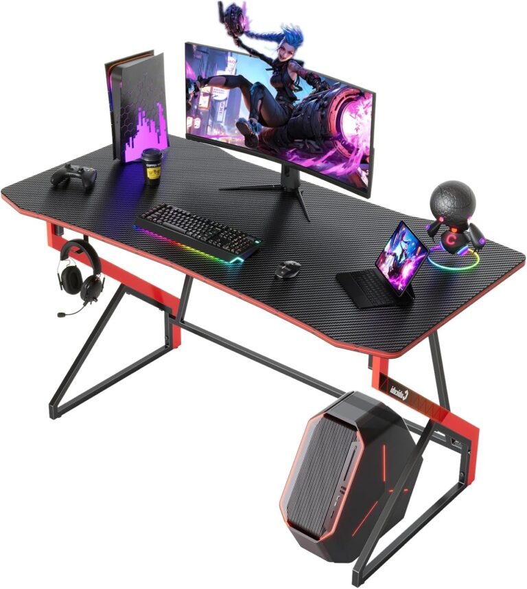 CubiCubi Simple Gaming Desk Z Shaped 47 inch Gamer Workstation, Home Computer Carbon Fiber Surface Gaming Desk PC Table with Headphone Hook