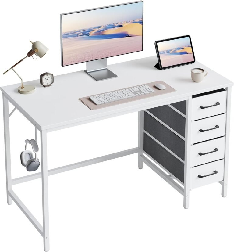 CubiCubi 40 Inch Computer Reversible Desk with 4 Storage Drawers, Small Home Office Kids Student Writing Study Work Table for Bedroom, White