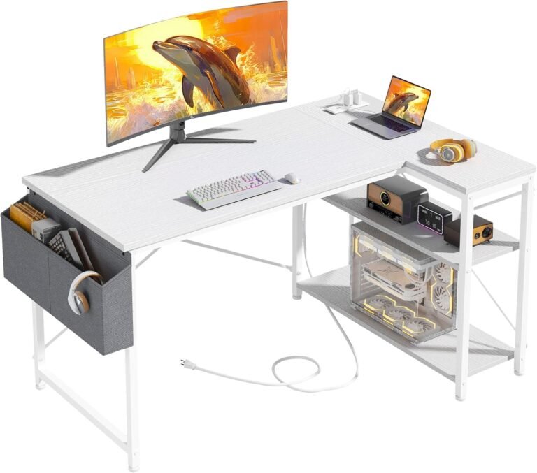 EnHomee 47″ Computer Desk with Power Outlets,L Shaped Desk with Storage Shelves,Home Offic Corner Desk for Work,Writing Study Desk with Gaming Desk for Bedroom Office Dorm,White