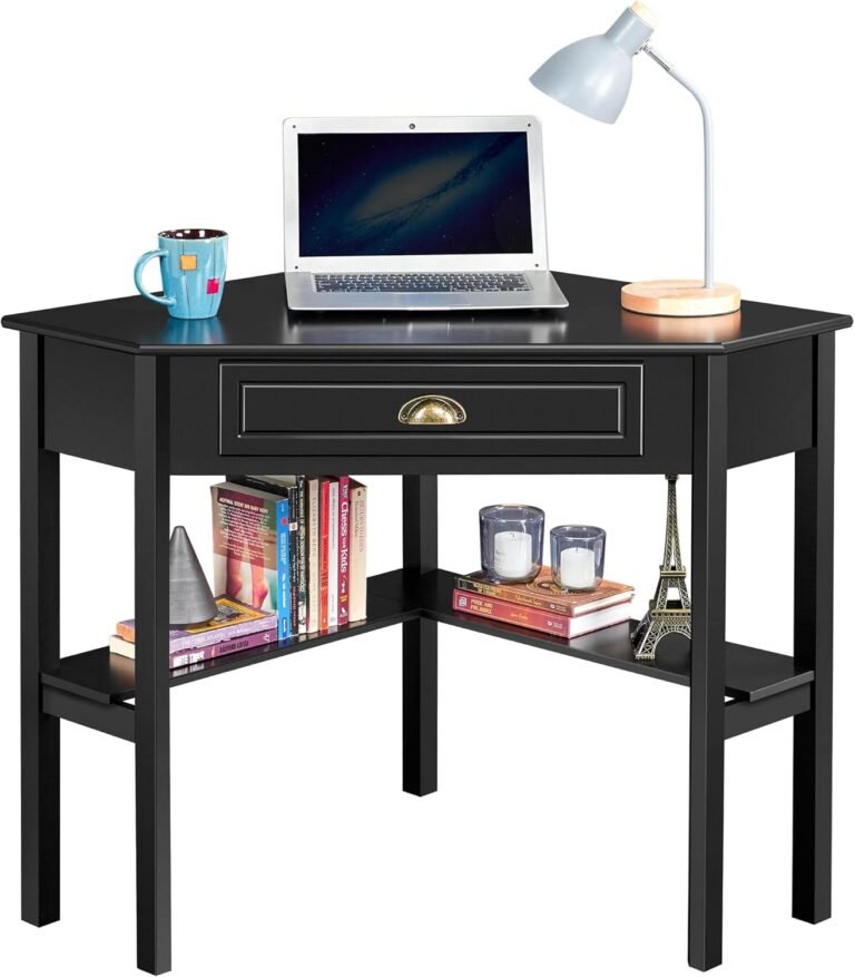 Yaheetech Wood Triangle Computer Desk Corner Table with Large Drawer & Storage Shelves, 90 Degrees Writing Desk Laptop PC Table for Home Office, Study Workstation for Small Space, Black