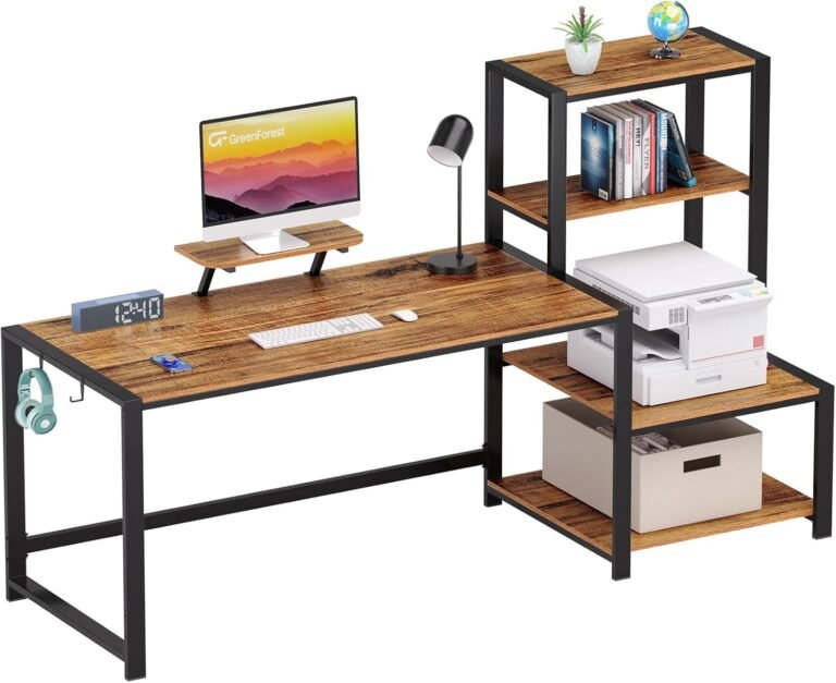 GreenForest Computer Desk 67 inch with Storage Printer Shelf Reversible Home Office Desk Large Study Writing Table with Movable Monitor Stand and 2 Headphone Hooks for PC Gaming Working, Walnut