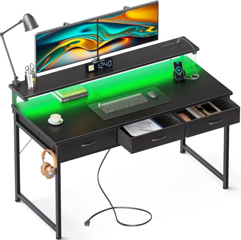ODK 54 Inch Computer Desk with 3 Drawers and USB Power Outlets, Home Office Desks with LED Lights and Adjustable Monitor Stand, Work from Home, Modern Work/Writing/Study Table for Bedroom, Black