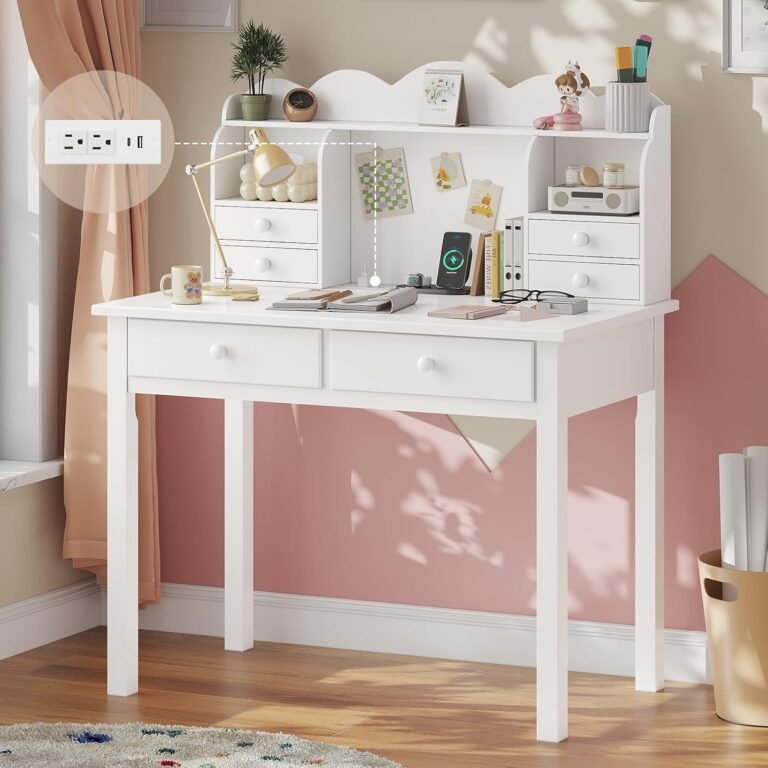 ADORNEVE Small White Writing Desk with Hutch and USB Ports, 31.5 inch Home Office Desk with Drawers, Study Table for Kids/Student, Makeup Dressing Table Save Space Gifts