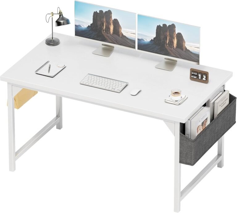 Shahoo 48 Inch Computer Desk, Wood Modern Simple PC Home Office Table with Storage Bag and Headphone Hook for Home, Office, Study, Writing, White