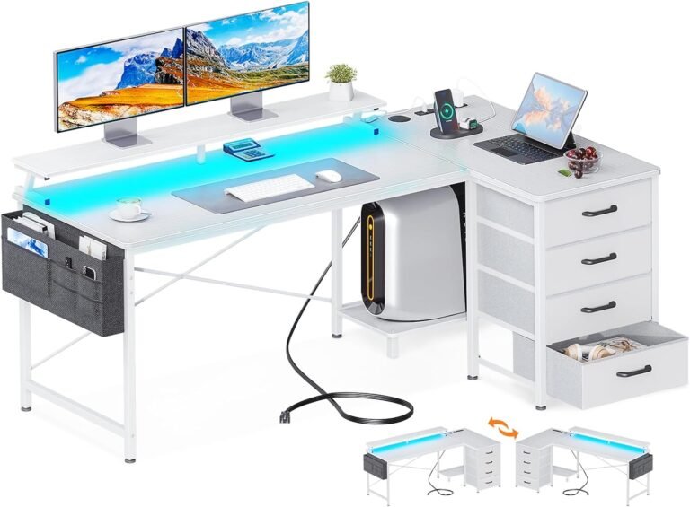 ODK 55-Inch Reversible L-Shaped Computer Desk with 4 Drawers, Gaming Desk with LED Lights & USB Power Outlets, Corner Office Desk with CPU Shelf & Monitor Stand, Study/Writing Table for Bedroom, White