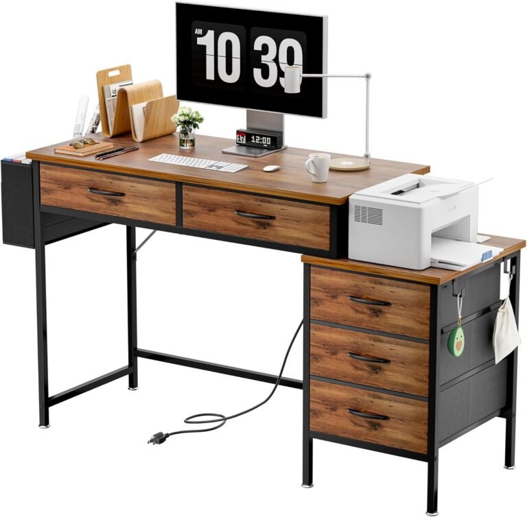 Computer Desk with Charging Station, Home Office Desks with Fabric Drawer File Cabinet Printer Stand, PC Desk with 5 Drawers, Study Writing Table, Work Desk with Storage, Rustic Brown