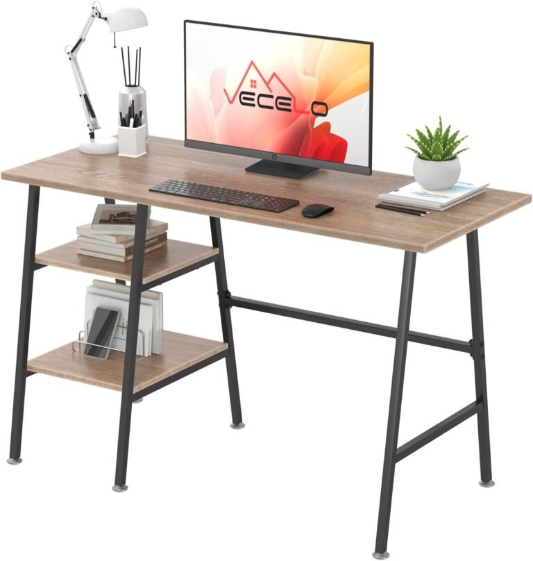 VECELO 43 Inch Computer Home Office Desk, Modern Simple Writing Desk with Storage for Bedroom, Simple Table Modern Student Study Desk,Water Proof, Oak+Black Leg