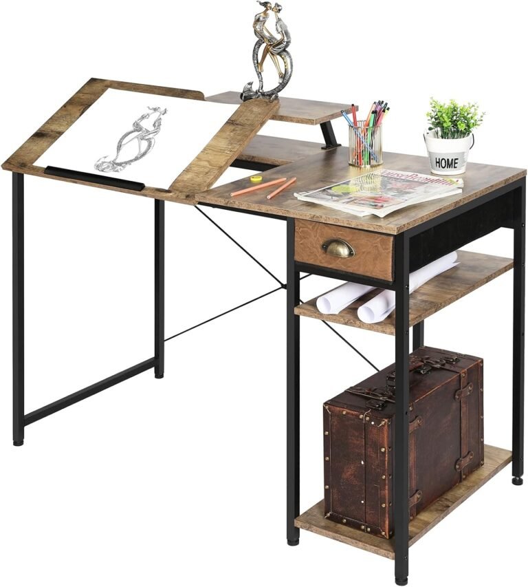 X-cosrack Computer Desk with Storage Shelves Drawer, 43” Home Office Desk with Monitor Stand, Adjustable & Tiltable Draft Drawing Table Writing Study Workstation for Home Office Artist
