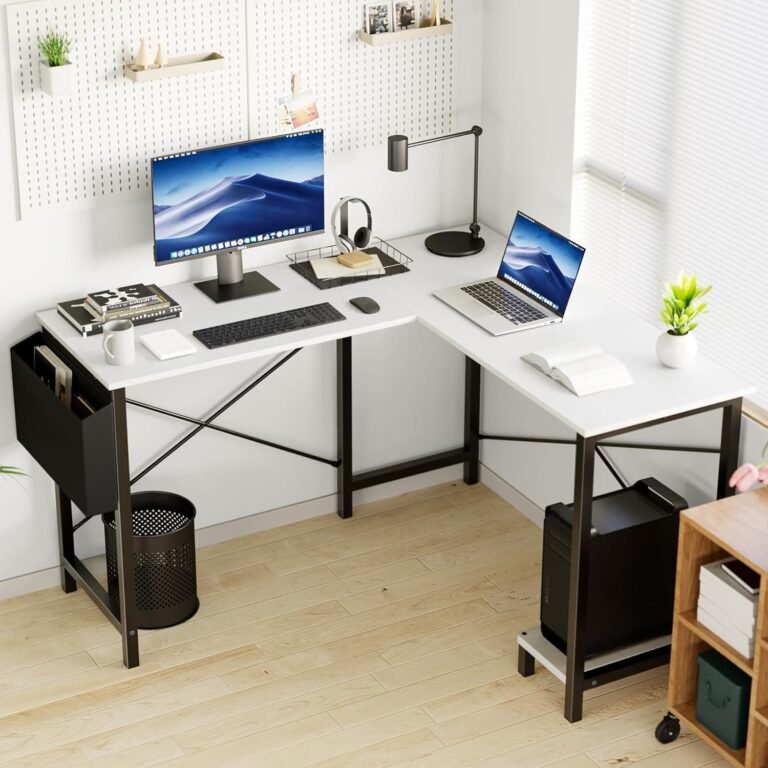 Elevon L Shaped Desk Gaming Computer 50 Inch Reversible Corner Table PC Work Table for Writing Study Student with Wood Tabletop Metal Frame CPU Stand Side Bag for Home Office Small Place