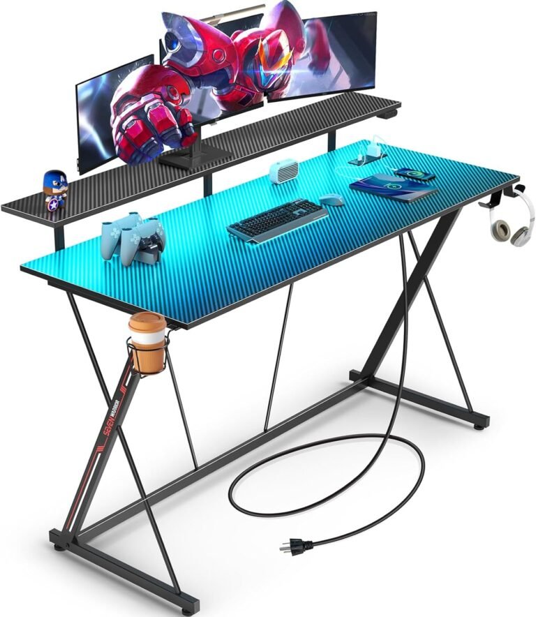 SEVEN WARRIOR Gaming Desk with LED Lights & Power Outlets, 47″ Computer Desk with Monitor Shelf, Home Office Desk with Cup Holder and Headphone Hook, Ergonomic, Carbon Fiber Surface Black