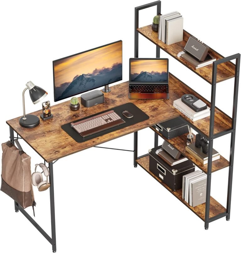 CubiCubi Computer Corner Desk with Storage Shelves, 47 Inch Reversible L Shaped Desk with Bookshelf, Home Office Writing Desk with Hooks, Small L Study Table, Rustic Brown