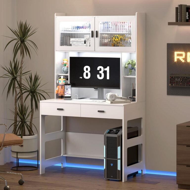 LVSOMT Home Office Desk with Hutch, Modern Computer Gaming Desk with LED Lights & Power Outlets, Gray Study Table with Storage Shelves, Teen Writing Desk for Bedroom, 40” W