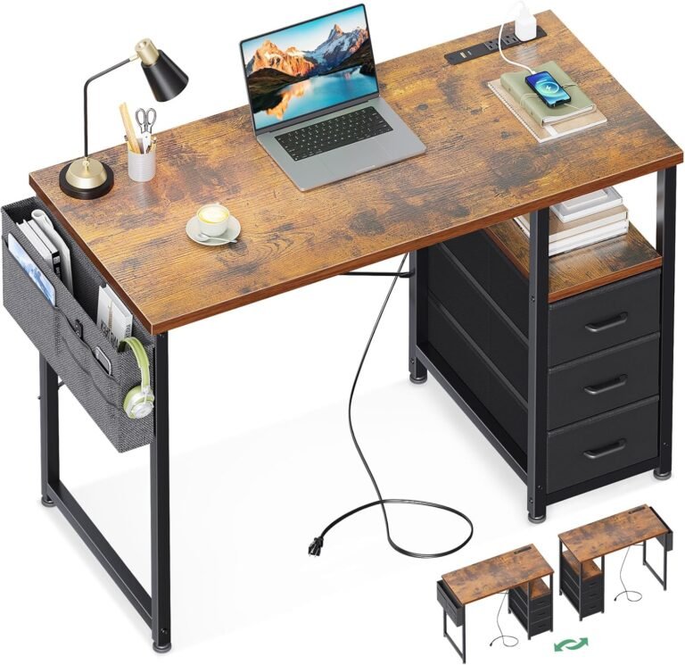 AODK 40″ Small Computer Desk with Fabric Drawer and Charging Station, Kids Girls Teen Study Writing Desk for Bedroom, Home Office Desk with Storage Shelf & Bag, Vanity Table for Small Space, Vintage