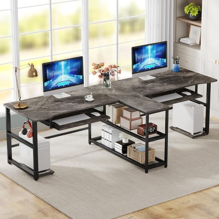 Tribesigns 94.5 inch Two Person Desk with Keyboard Tray, Extra Long Home Office Desk with Storage Shelves and Hooks, Double Computer Desk Workstation Study Table for Two People