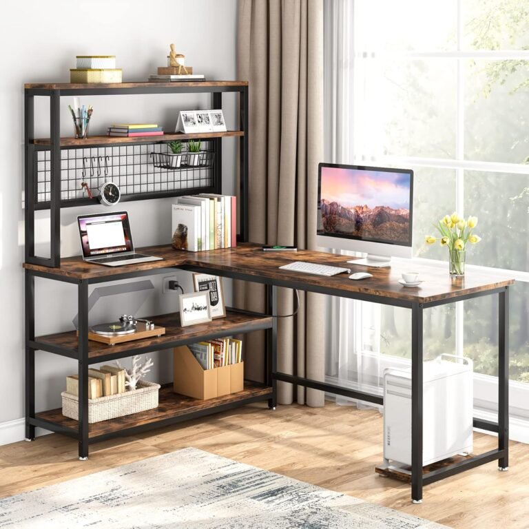 Tribesigns 55″ Large Computer Desk with Wireless Charging 5 Storage Shelves, Office Desk Study Table Writing Desk Workstation with Hutch Bookshelf for Home Office (Brown)