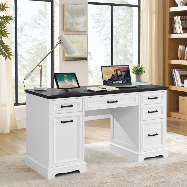 Alohappy Farmhouse Executive Desk with Drawers, 55.1″ White Home Office Computer Desk with File Drawers and Storage Cabinet, Morden Solid Wood Table Study Workstation for Work Study Writing