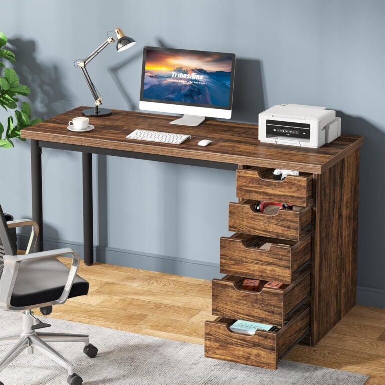 Tribesigns Computer Desk with 5 Drawers, 47 inches Rustic Brown Home Office Desk with Storage, Modern Simple Laptop Desk Study Writing Table for Small Spaces (1, Brown+Brown)