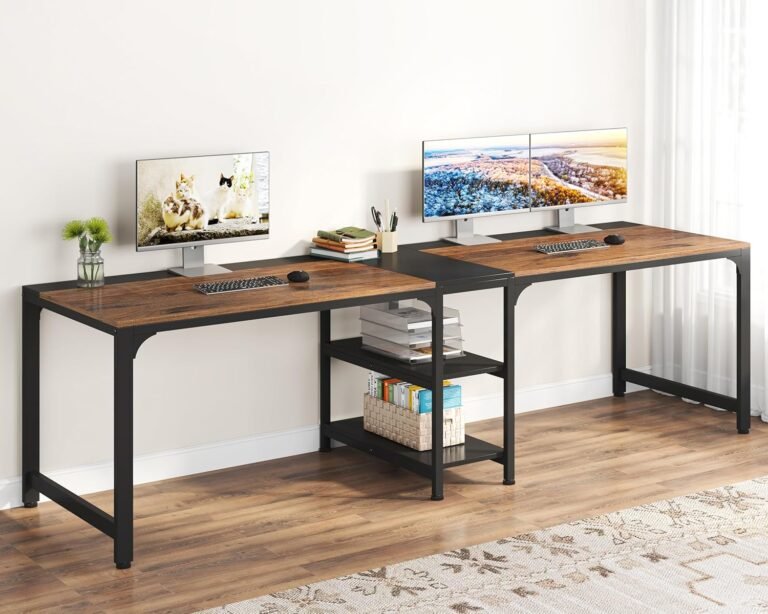 Tribesigns 90.55” 2 Person Desk with Storage Shelves, Double Computer Desk with Spacious Desktop, Extra Long Study Writing Table Workstation for Home Office (Black & Brown)
