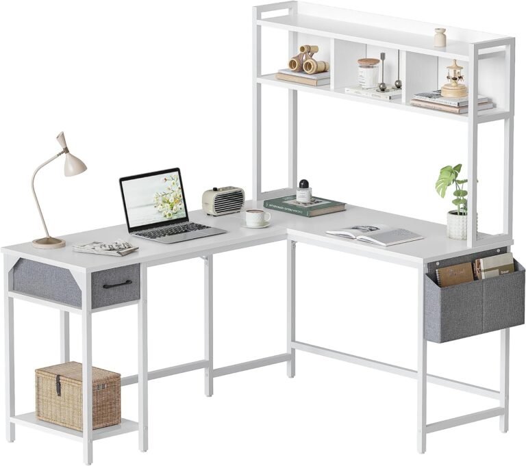 CubiCubi L Shaped Desk with Hutch, 58″ Corner Computer Desk with Drawer,Home Office Gaming Table Workstation with Storage Bookshelf, White