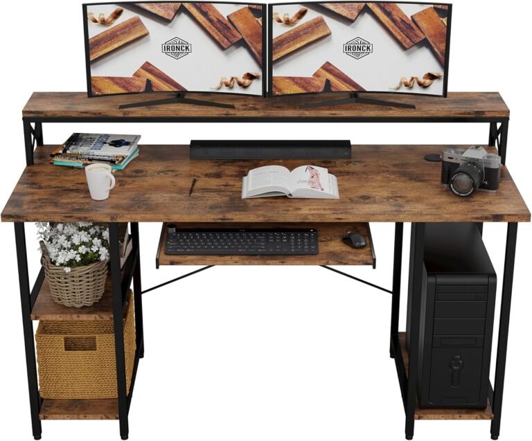 IRONCK Computer Desk 55″, Home Office Desk with Keyboard Tray, Monitor Stand, Storage Shelf, Industrial Studying Writing Table, Vintage Brown