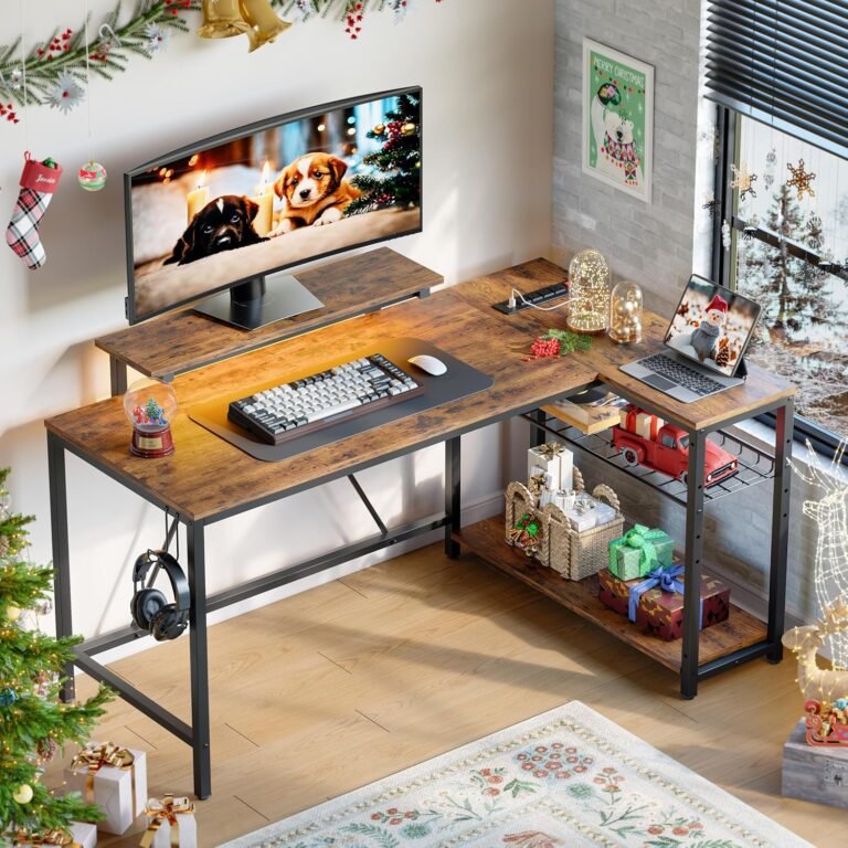 Bestier 58 L Shaped Desk with Power Outlets,Home Office Corner Desk with Reversible Shelves & LED Lights – Modern Simple Writing Study Desk for Small Space,Rustic Brown