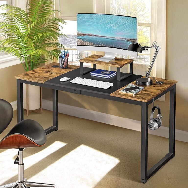 Yaheetech Computer Desk Office Desk Simple Writing Study Desk, 55 inch Home Office Desk PC Desk Workstation with Movable Monitor Stand, Gaming Desk with Large Legroom, Black Metal Frame, Rustic Brown
