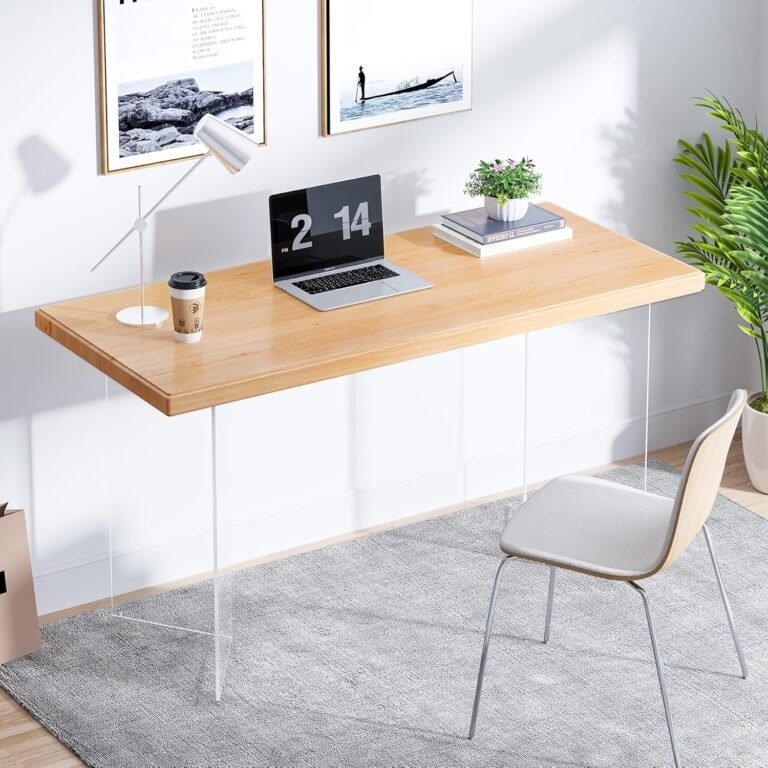 Tribesigns Computer Desk, Modern Home Office Desks, 55 Inch Sturdy Wood Laptop Writing Table, Suspended Island Table with Acrylic Legs, Industrial Simple Study Table Home Office, Natural