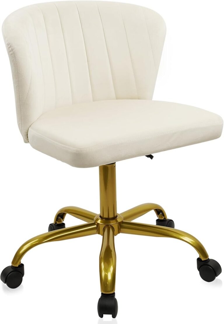 CLATINA Home Office Desk Chair Velvet Vanity Chairs Gold Base, Ergonomic Small Cute Chair Adjustable Height with Wheels Rolling Armless Nail Chair Swivel Task Chair for Study Living Bedroom, White