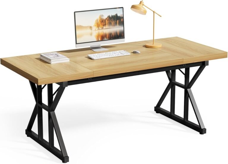 LITTLE TREE 70.8-Inch Large Executive Desk, Modern Computer Office Desk, Wooden Writing Desk Study Table for Home Office, Light Walnut-Black
