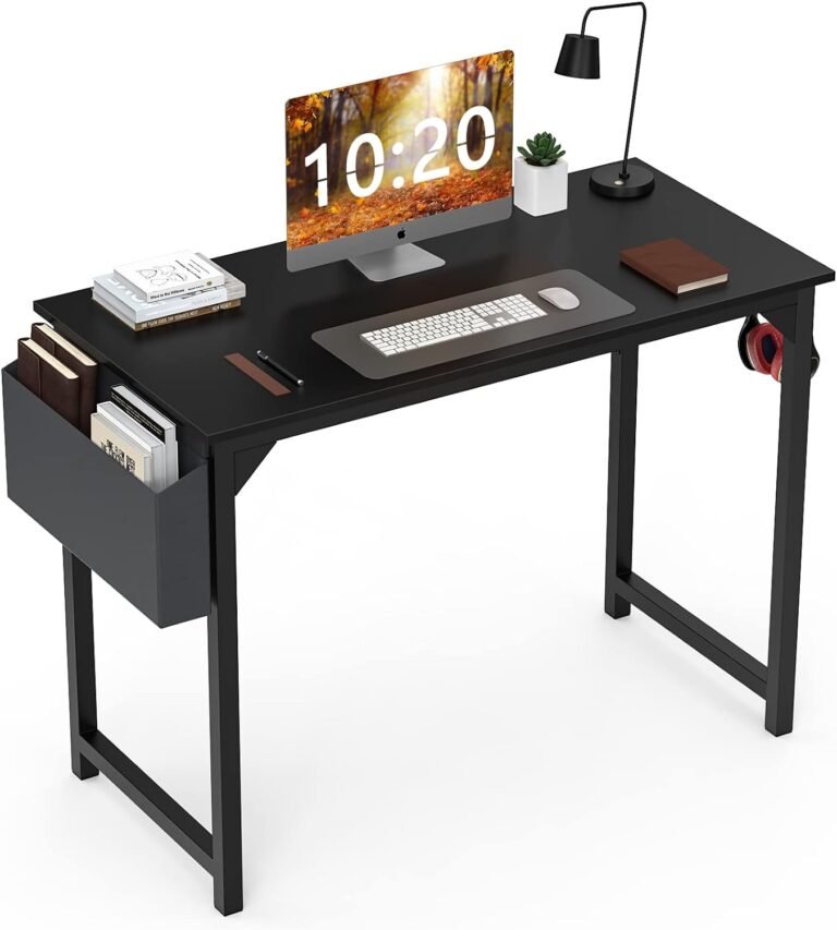 Computer Desk Small Office Desk 40 Inch Writing Desks Small Space Desk Study Table Modern Simple Style Work Table with Storage Bag Headphone Hook Wooden Tabletop Metal Frame for Home, Bedroom