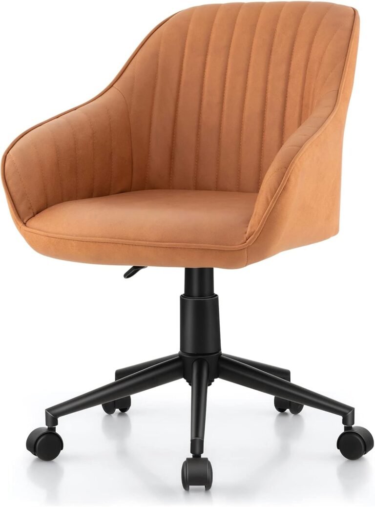 COSTWAY Leather Home Office Chair, Adjustable Rolling Leisure Accent Chair with Ergonomic Arms & Backrest, Upholstered Mid-Back Computer Desk Chair for Home Office Living Room Study