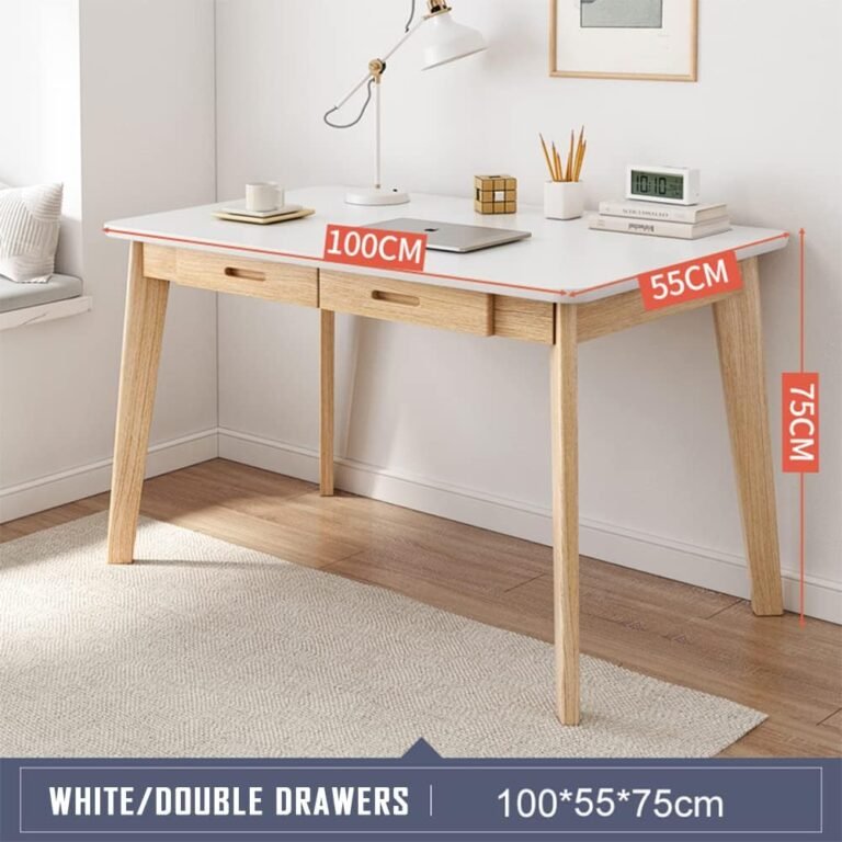 IOTXY Solid Wood Writing Desk – Home Office Workbench Desk with Drawer, 39.37″ Width Laptop Computer Work Study Table in White