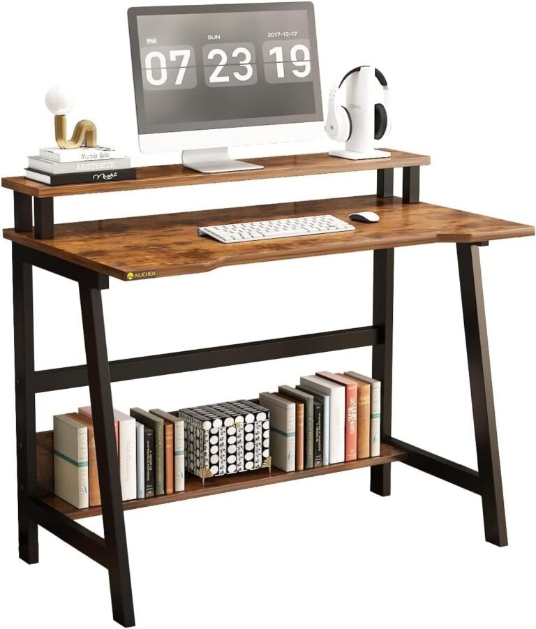 31.5 Inch Small Desk, Small Computer Desk for Small Spaces, Modern Writing Table with Monitor Storage Shelf, Compact Laptop Desk for Home Office and Study, Brown