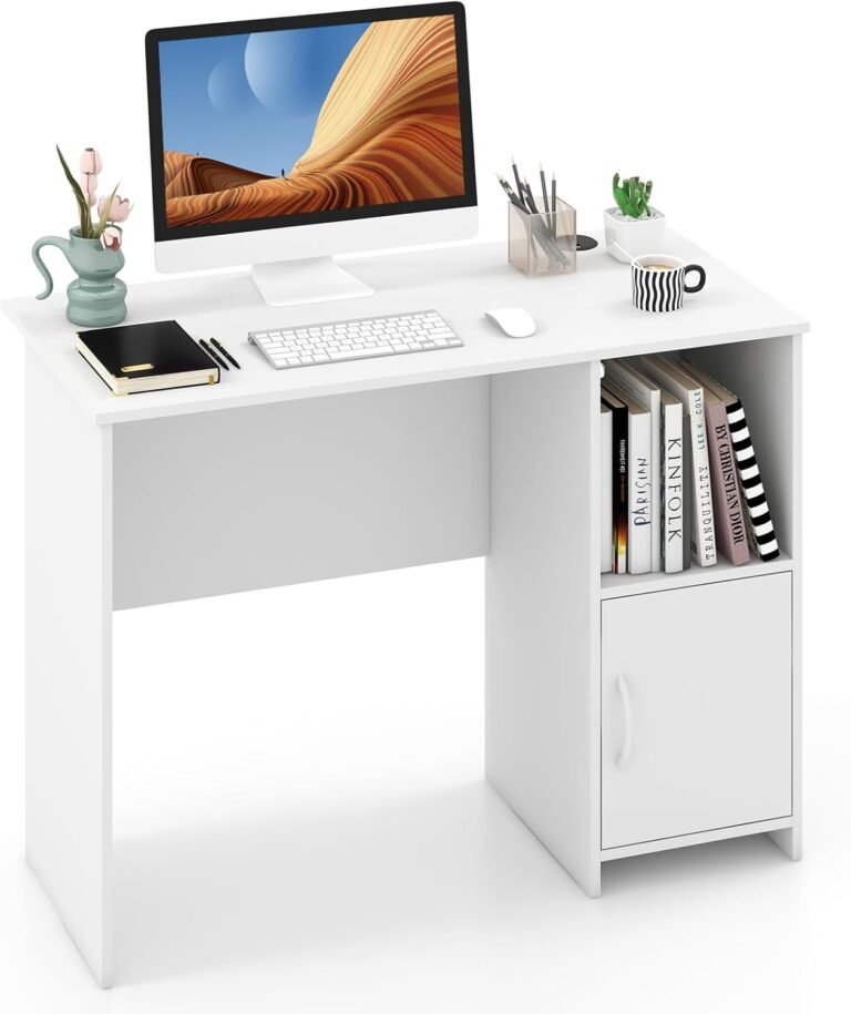 Giantex White Computer Desk with Cabinet, Modern Home Office Desk with Storage Shelf, Compact PC Laptop Desk Workstation, Multipurpose Study Work Writing Table for Small Space Bedroom