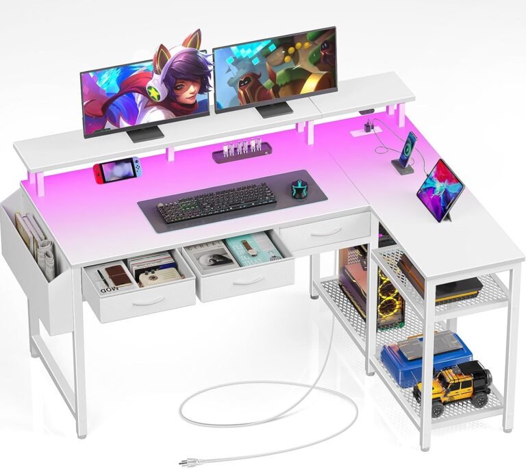 Seventable L Shaped Desk with Storage Drawers, 47 inch Gaming Desk with Shelves, Small Computer Desk with Power Outlets & LED Lights, Home Office Corner Desk with Monitor Stand for Bedroom, White