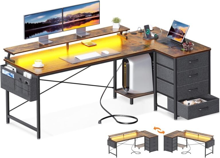 ODK 63-Inch Reversible L-Shaped Computer Desk with 4 Drawers, Office Desk with LED Lights & USB Power Outlets, Corner Desk with CPU Shelf & Monitor Stand, Study/Writing/Work Table for Bedroom, Vintage