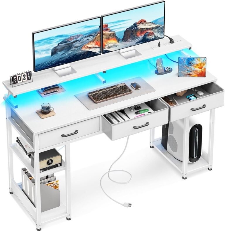 AODK 55 inch Computer Desk with 3 Drawers, Gaming Desk with LED Lights & Power Outlets, Home Office Desk with Storage Shelves & Monitor Stand, Modern Work Study Writing Table for Small Spaces, White