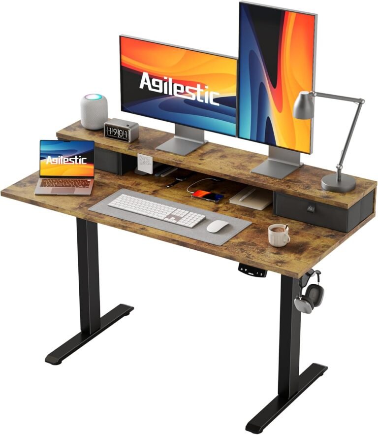Agilestic Electric Standing Desk with 2 Drawers, 48 x 24 Inches Height Adjustable Desk, 2 Fabric Drawers, Rustic Brown