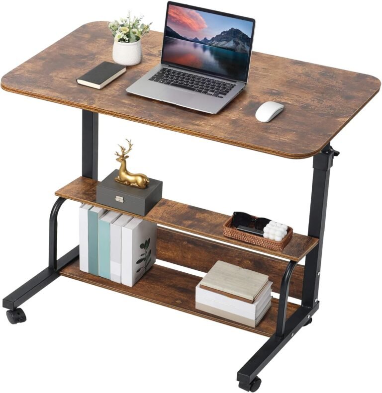 Adjustable Height Mobile Computer Desk for Small Space Rolling Writing with Wheels Corner Home Office Study Portable Bedrooms Work Storage Size 31.5×15.7 Inch Oak C