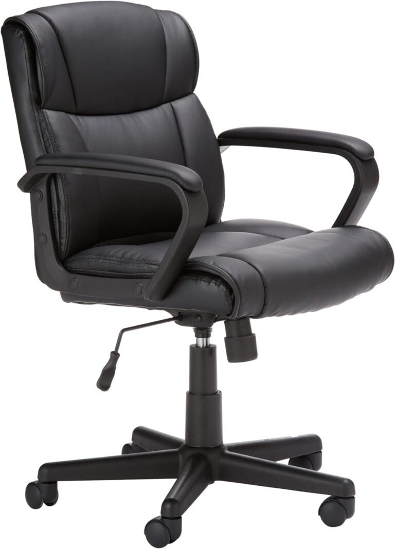 Amazon Basics Office Computer Task Desk Chair with Padded Armrests, Mid-Back, Adjustable, 360 Swivel, Rolling, 275 Pound Capacity, BIFMA Certified, 24.2″D x 24″W x 34.8″H, Black Faux Leather