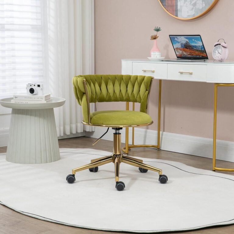 Modern Home Office Chair, Velvet Swivel Desk Chair with Woven Tufted Backrest and Wheels, Adjustable Vanity Chair with Gold Metal Leg for Study, Living Room, Bedroom, Olive