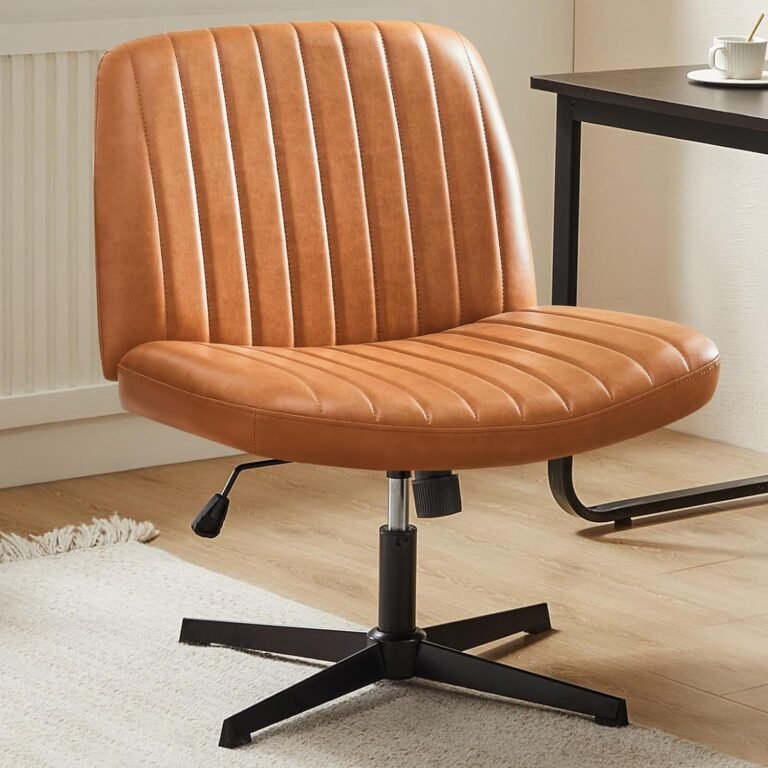 Sweetcrispy Criss Cross Chair Legged, Armless Office Desk Chair No Wheels, Swivel Vanity Chair, Height Adjustable Wide Seat Computer Task Chair, PU Leather Vanity Modern Home Chair Brown