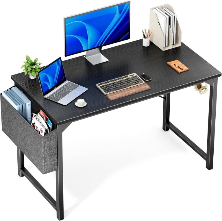OLIXIS Computer Desk 48 Inch Home Office Work Study Writing Student Kids Bedroom Wood Modern Simple 2 Person PC Table with Storage Bag & Headphone Hooks, Black