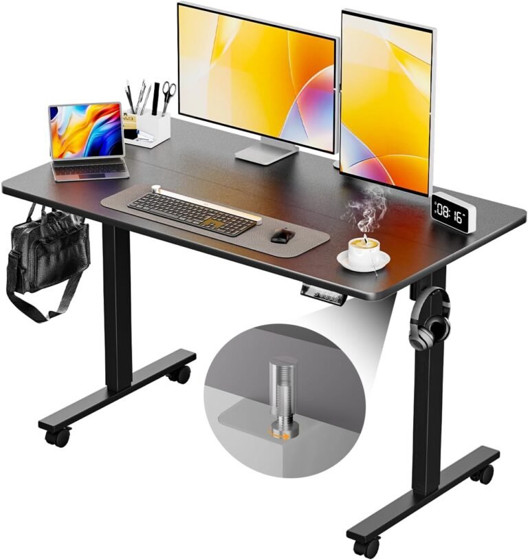 Electric Standing Desk Height Adjustable Computer Desk, 48 Inches Sit Stand Desk Workstations with Hook, Ergonomic Desk for Home Office Stand Up Desk with Wheels (Black)