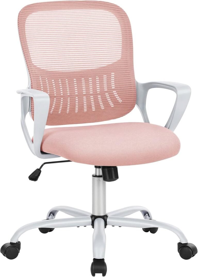 SMUG Office Chair Mid Back Desk Chair1 Ergonomic Mesh Computer Gaming with Larger Seat, Executive Height Adjustable Swivel Task with Lumbar Support Armrest for Women Adults, Pink