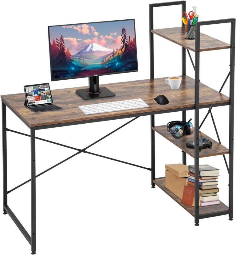 Computer Desk with 4 Tier Storage Shelf Bookshelf Desk 47 Inch Home Office Table, Modern Steel Frame Wood Study Gaming Corner Desk Easy Assemble, Brown