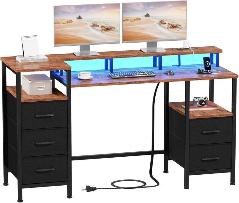 Computer Desk with Power Outlets & LED Lights, Reversible Gaming Desk with 5 Fabric Drawers for Bedroom, 47 Inch Home Office Desk with Monitor Stand & Storage Shelves for Working, Rustic Brown